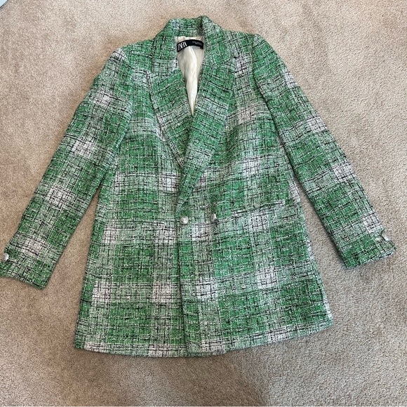 Zara Green white Plaid Tweed Double-Breasted Blazer jacket Sz XS - Picture 7 of 11